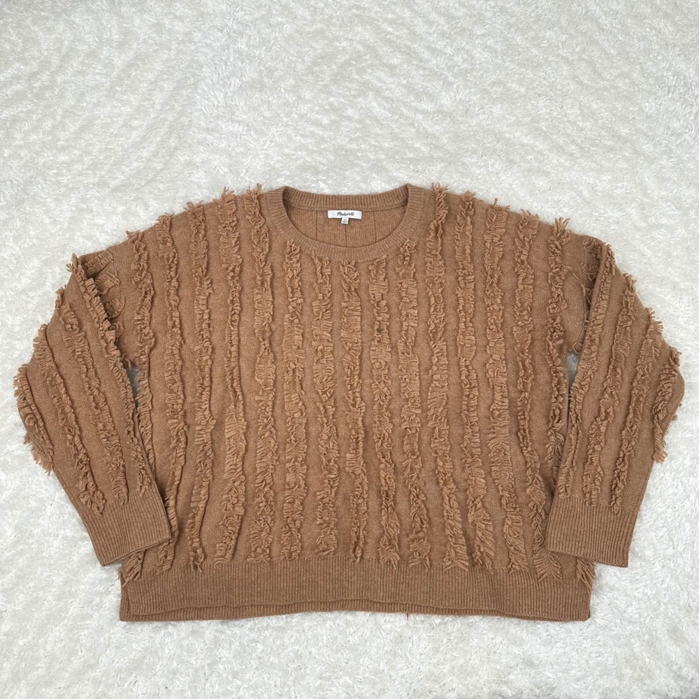 Madewell Women's XL Brown Merino Wool Fringe Stripe Pullover Sweater Boho Preppy